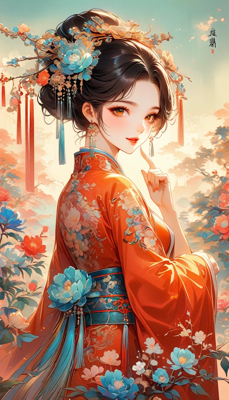 A beautiful young woman in traditional Chinese attire, sweet smile, from back, eyes look at other side, fashion pose, charming and attractive sexy pose, surrounded by a lush garden. gazing at it with gentle eyes. The woman's hair is styled in an elaborate updo adorned with flowers and traditional ornaments. Her dress is elegant, featuring fine silk with floral embroidery. The garden is in full bloom, with peonies and other flowers providing a backdrop. The scene captures the serenity and beauty of classical Chinese art, with a touch of nature harmony, (((Ultra-high saturation, high natural saturation, extremely bright colors)))