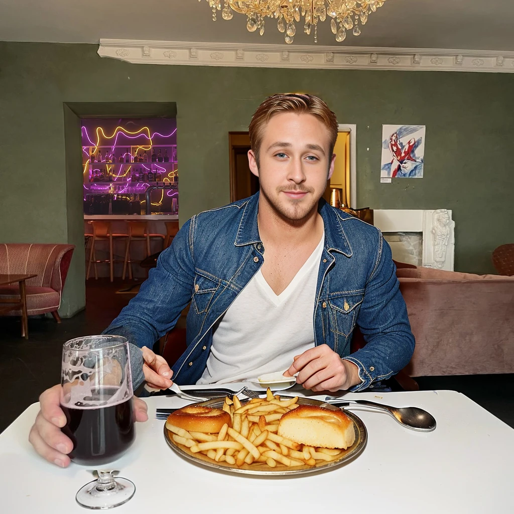 ryan gosling eating behind the table with three dishes on it: quebec dish with french fries and cheese, Pork tenderloin with mashed potatoes and turkey sandwich