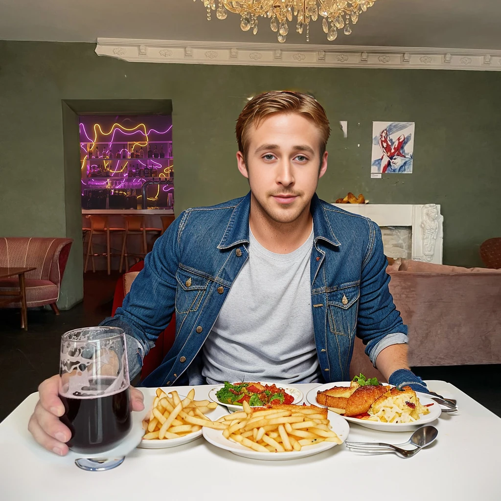 ryan gosling eating behind the table with three dishes on it: quebec dish with french fries and cheese, Pork tenderloin with mashed potatoes and turkey sandwich