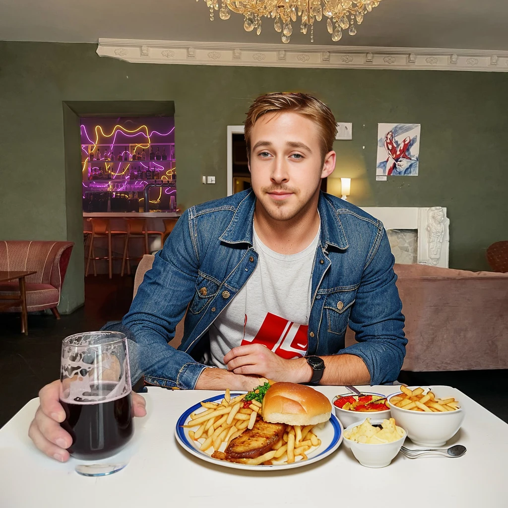 ryan gosling eating behind the table with three dishes on it: quebec dish with french fries and cheese, Pork tenderloin with mashed potatoes and turkey sandwich