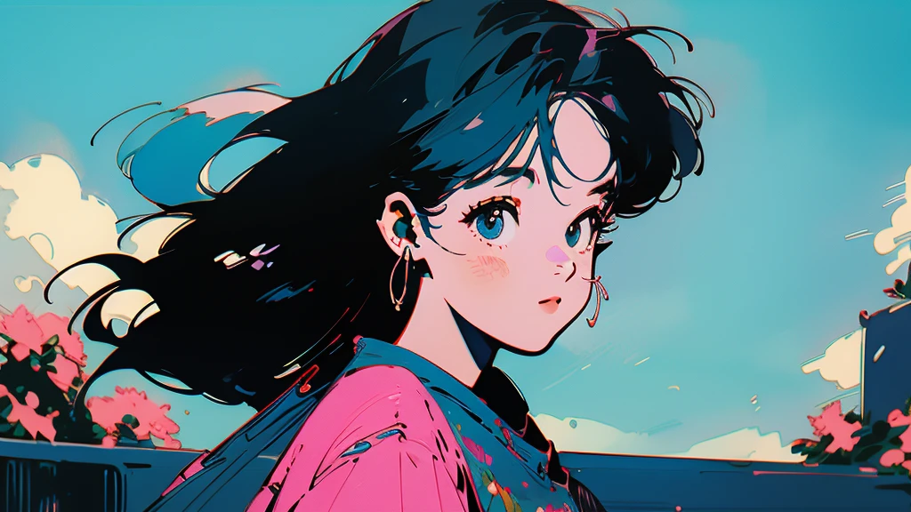 Beautiful flowers are blooming、One cool woman、Looking straight at the camera、The blue sky is spreading