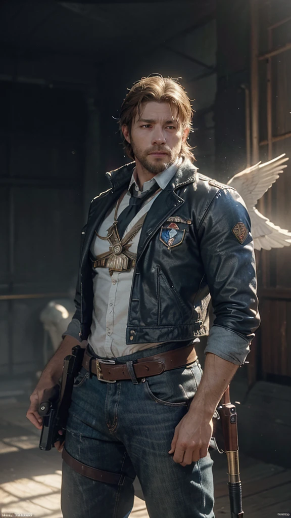 Hyper realistic 8k octane rendering, done in Maya, Blender and Photoshop, cinematic atmosphere, dynamic dramatic cinematic lighting, correct and accurate anatomy, aesthetics, digital illustration, high resolution, a highly detailed portrait. From Arthur Morgan from the game read dead 2. Wearing the futuristic gold uniform with blue borders, with a 12 caliber gun in his right hand. On top of a (((pegasos))) White.