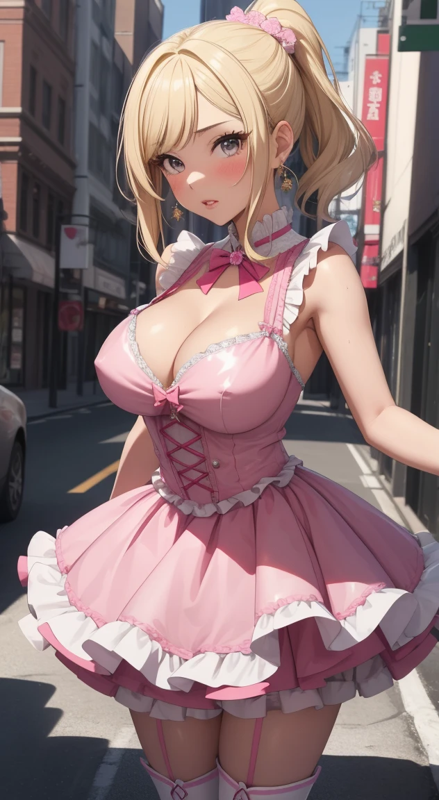 masterpiece, best quality, highly detailed, ultra high res, ayase arisa, kitagawa marin, 1girl, solo, hair ornament, blonde hair, ponytail, glossy lips, full lips, sleeveless idol dress, very puffy skirt, flared skirt, pink thigh highs, white heeled boots, city street, (see-through skirt:1.2), cleavage