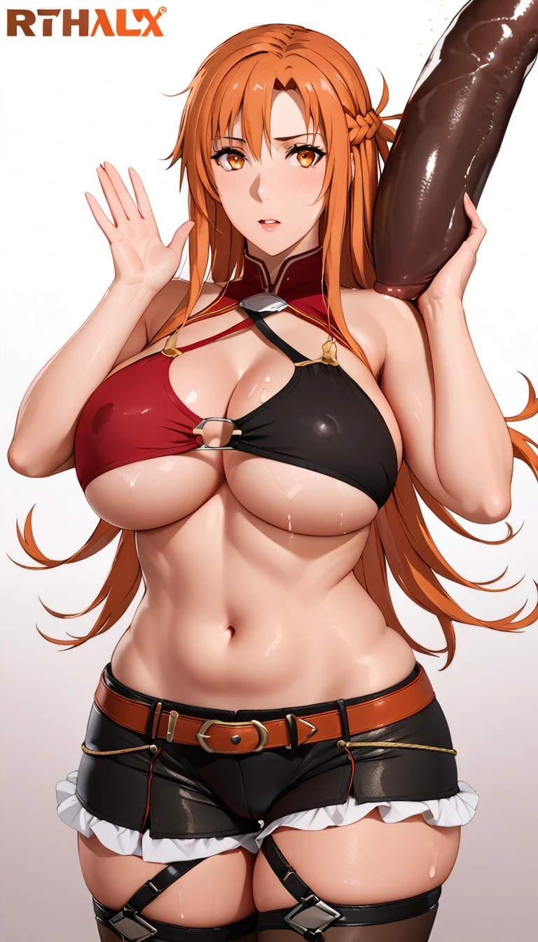 score_9, score_8_up, score_7_up, score_6_up, uncensored, asuna yuuki, orange hair, fold, braid, long hair, orange eyes, naughty face, shiny skin, sweating, BREAK (masterpiece:1.2), best quality, high resolution, unity 8k wallpaper, (illustration:0.8), (detailed eyes:1.3), perfect lighting, extremely detailed CG, (perfect hands, perfect anatomy), porn, 3d, huge breasts, wide hips, big ass, black leotard, brown-skinned female, shiny leotard, skin tight clothing, Black long hair, underboob, standing, cum on face, facial, red lipstick, dark skinned male, huge cock, penis awe, shocked expression (cellulite:0.8), 1 female, high quality