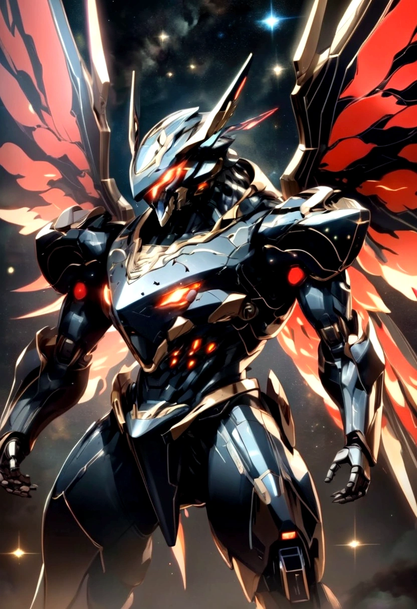 It is an overall black robot with red accents and has a Gao Garger-like weight., A well-proportioned super robot with energy wings on its back., It is a robot that fights in space and has the image of handling flames.