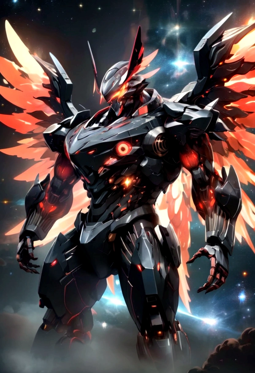 It is an overall black robot with red accents and has a Gao Garger-like weight., A well-proportioned super robot with energy wings on its back., It is a robot that fights in space and has the image of handling flames.