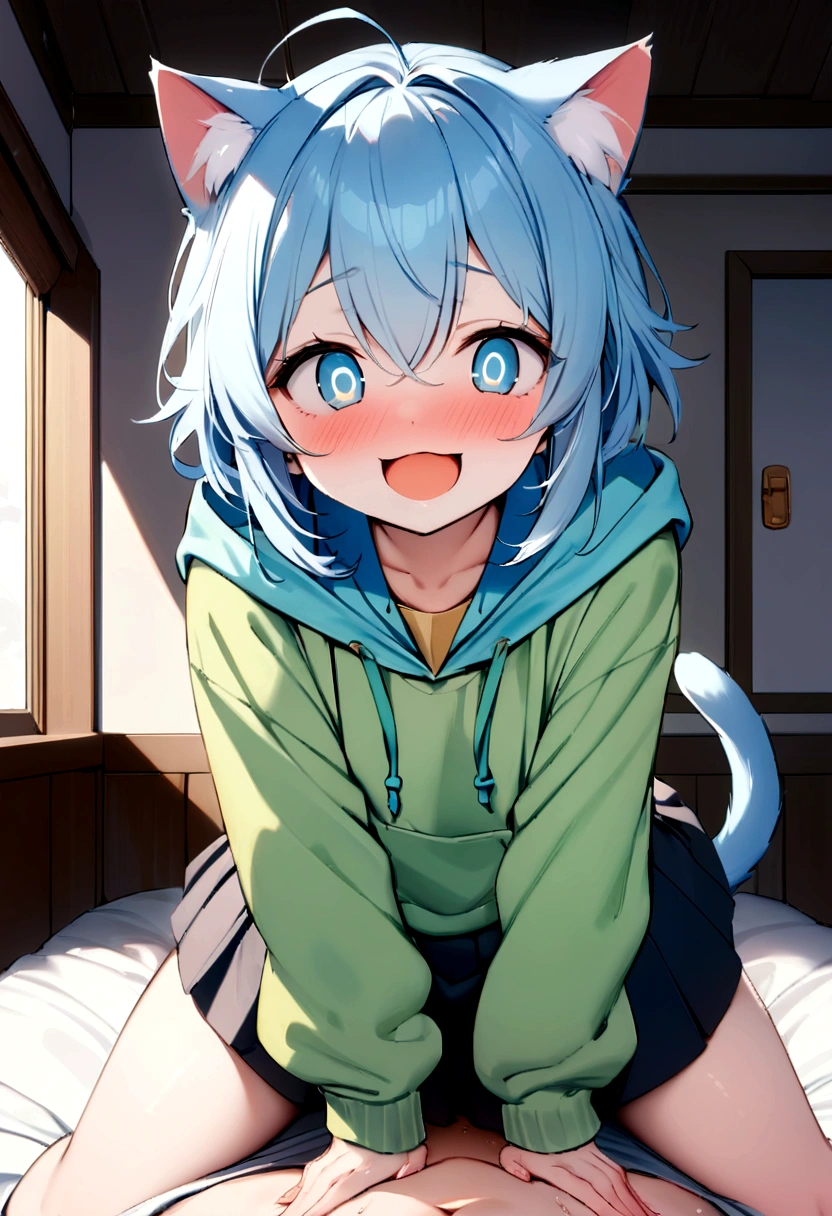 hoodieを着た男の子1名, Shota, Cat ear, Cat's Tail,, Embarrassed, (masterpiece), Highest quality, Expressive eyes, Perfect Face, smile, Open your mouth, Full Color, detailed, 8K, 4K, High resolution, Symmetric, Extraordinary cuteness, Best aesthetics, school uniform cute Light blue hair Odd Eye hoodie Naughty sexual behavior Sex