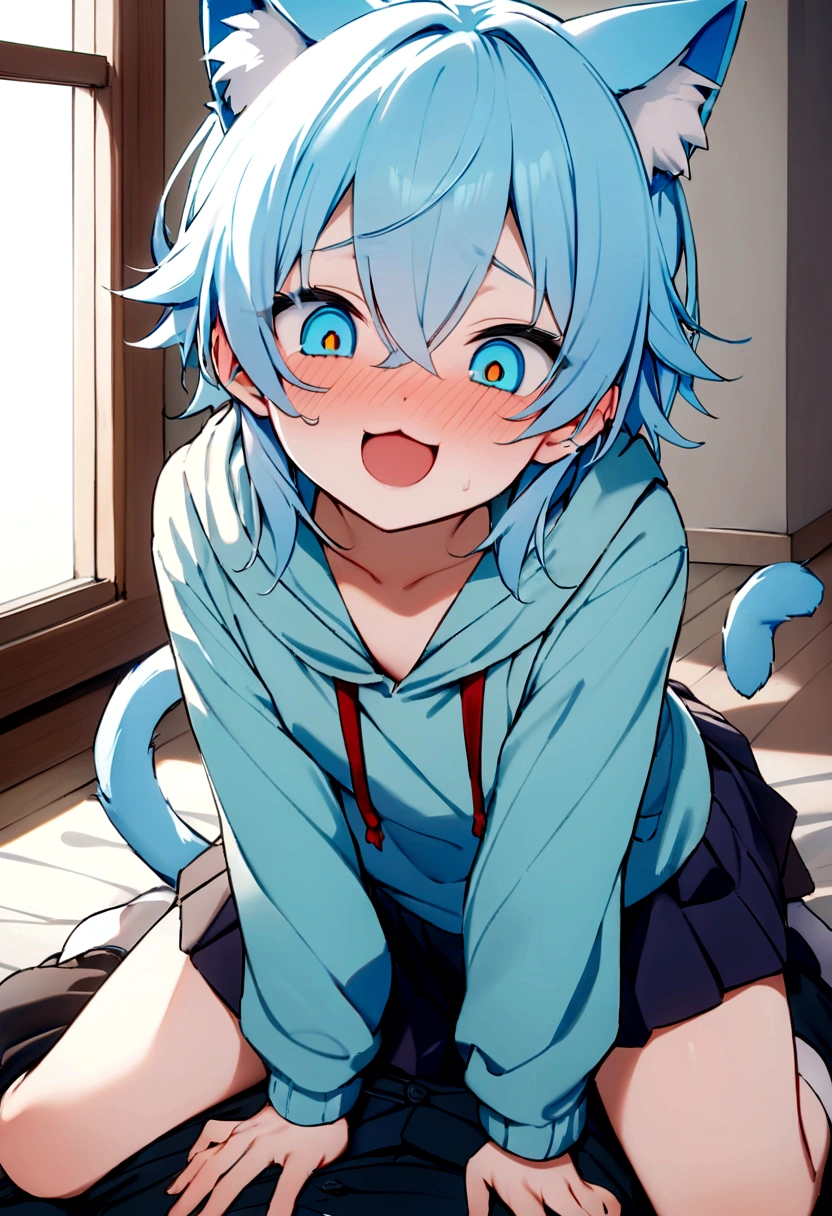 hoodieを着た男の子1名, Shota, Cat ear, Cat&#39;s Tail,,  Embarrassed, (masterpiece), Highest quality, Expressive eyes, Perfect Face, smile, Open your mouth, Full Color, detailed, 8K, 4K, High resolution, Symmetric, Extraordinary cuteness, Best aesthetics, school uniform　cute　　Light blue hair　Odd Eye　hoodie　Naughty　sexual behavior　Sex　