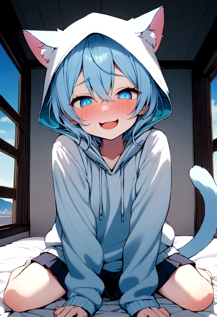 hoodieを着た男の子1名, Shota, Cat ear, Cat's Tail,,  Embarrassed, (masterpiece), Highest quality, Expressive eyes, Perfect Face, smile, Open your mouth, Full Color, detailed, 8K, 4K, High resolution, Symmetric, Extraordinary cuteness, Best aesthetics, school uniform　cute　　Light blue hair　Odd Eye　hoodie　Naughty　sexual behavior　Sex　