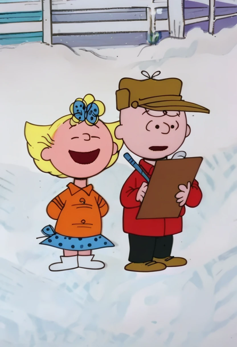score_9, score_8_up, score_7_up, zPDXL, PeanutsStyle, traditional media, retro artstyle, 2D, round heads, 1girl, 1boy, blonde hair, hat, smile, clipboard, closed eyes, skirt, open mouth, snow