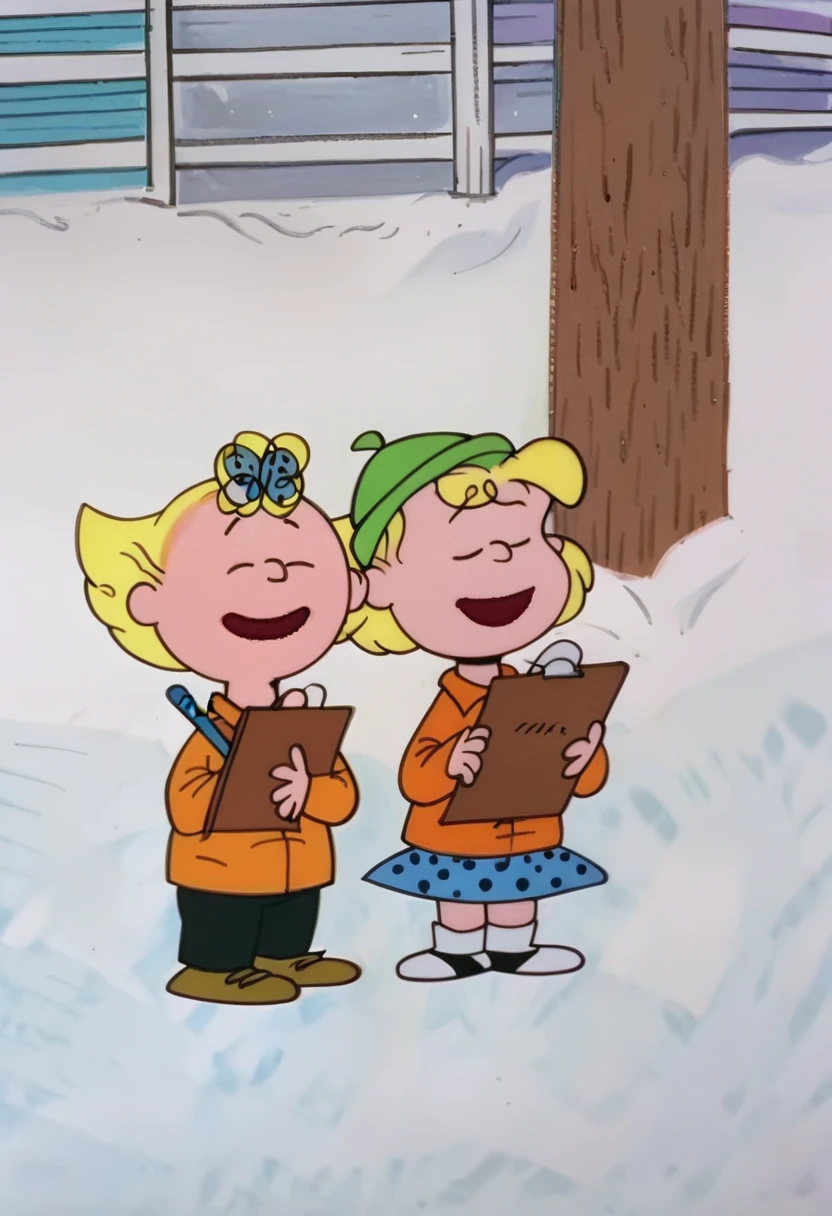 score_9, score_8_up, score_7_up, zPDXL, PeanutsStyle, traditional media, retro artstyle, 2D, round heads, 1girl, 1boy, blonde hair, hat, smile, clipboard, closed eyes, skirt, open mouth, snow