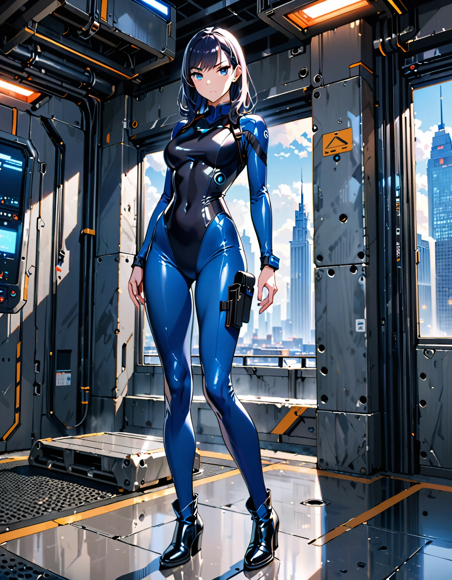 Girl, blue hair, big breasts, white transparent one-piece swimsuit, do the ground, split legs, shy