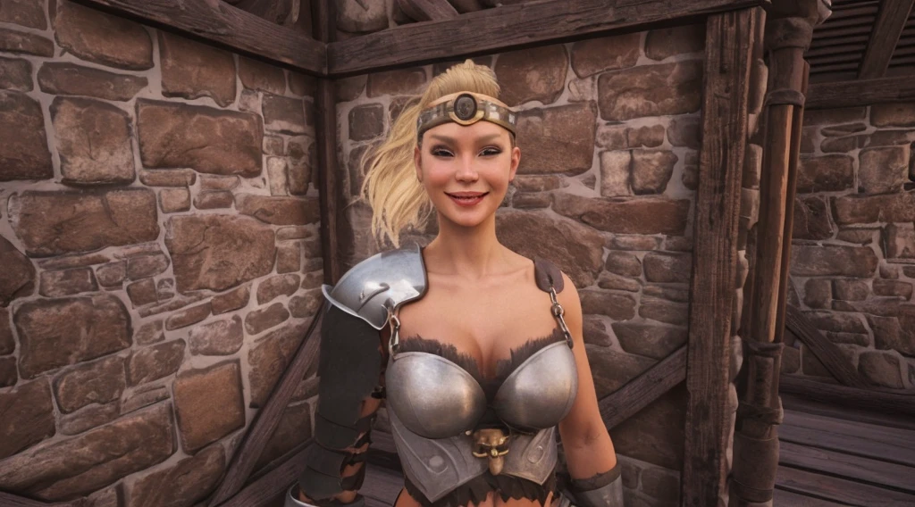 A Beautiful blonde barbarian woman smiling and posing seductively
