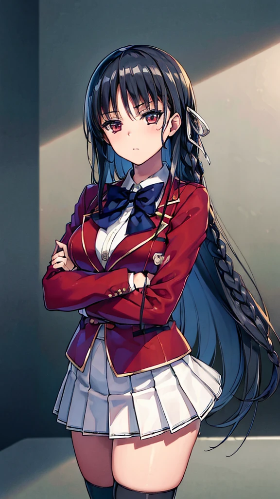 (masterpiece, best quality:1.5), (ultra detailed:1.5), perfect anatomy, 8k portrait, full body, 
1girl,
Suzune Horikita, 
Suzune Horikita \(youjitsu\),
long hair, braid, 
black hair, 
red eyes, slant eyes, small eyes, 
blue bow, 
medium breasts, 
red jacket, long sleeves, white skirt, pleated skirt, black thigh-high socks, 
looking at viewer, 
cowboy shot, 
perfect light, 