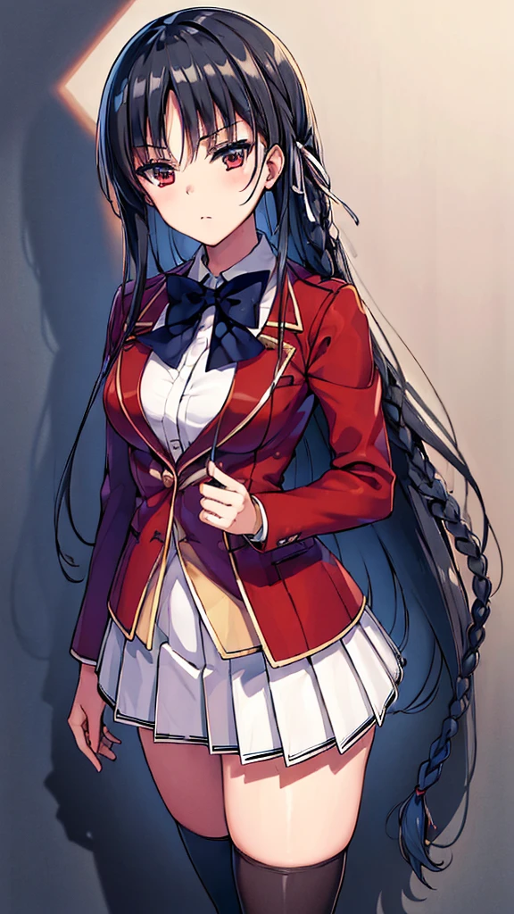 (masterpiece, best quality:1.5), (ultra detailed:1.5), perfect anatomy, 8k portrait, full body, 
1girl,
Suzune Horikita, 
Suzune Horikita \(youjitsu\),
long hair, braid, 
black hair, 
red eyes, slant eyes, small eyes, 
blue bow, 
medium breasts, 
red jacket, long sleeves, white skirt, pleated skirt, black thigh-high socks, 
looking at viewer, 
cowboy shot, 
perfect light, 