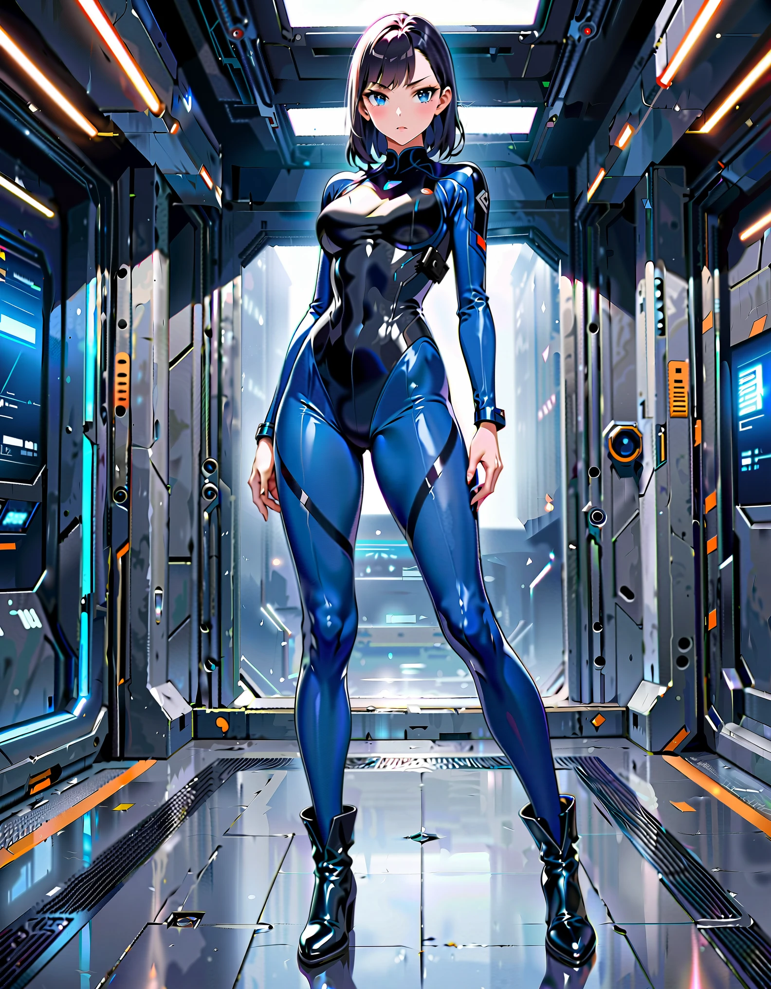 masterpiece, highly detailed, best quality, high quality, 1girl, (solo, solo focus), beautiful detailed eyes, beautiful detailed face, (perfect hands, complete fingers), perfect anatomy, perfect proportions, detailed shadows, detailed light, (blue skintight bodysuit, (black leotard), shoulder holster), (full blue pantyhose, skintight blue leggings, perfect fit), matching boots, full body, serious, full body costume design. hi-tech spy building, indoors.