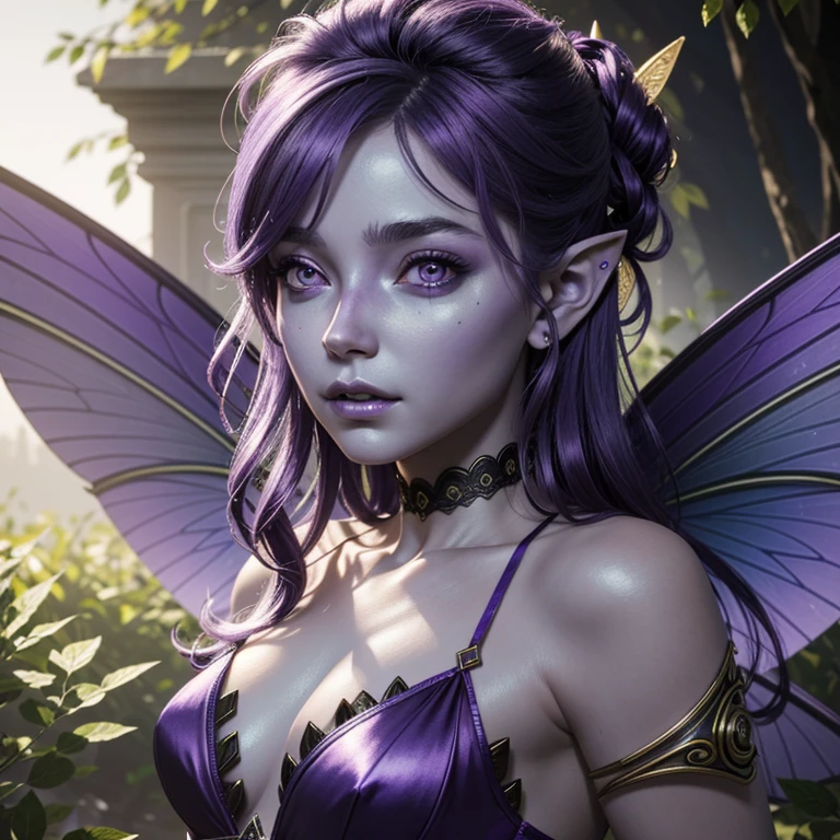 ((a fairy with purple skin)), portrait, flying, fairy wings, pointy ears, portrait, masterpiece, cinematic lighting, hyper detailed, 8k, photorealistic, lush fantasy environment, vivid colors, dramatic lighting