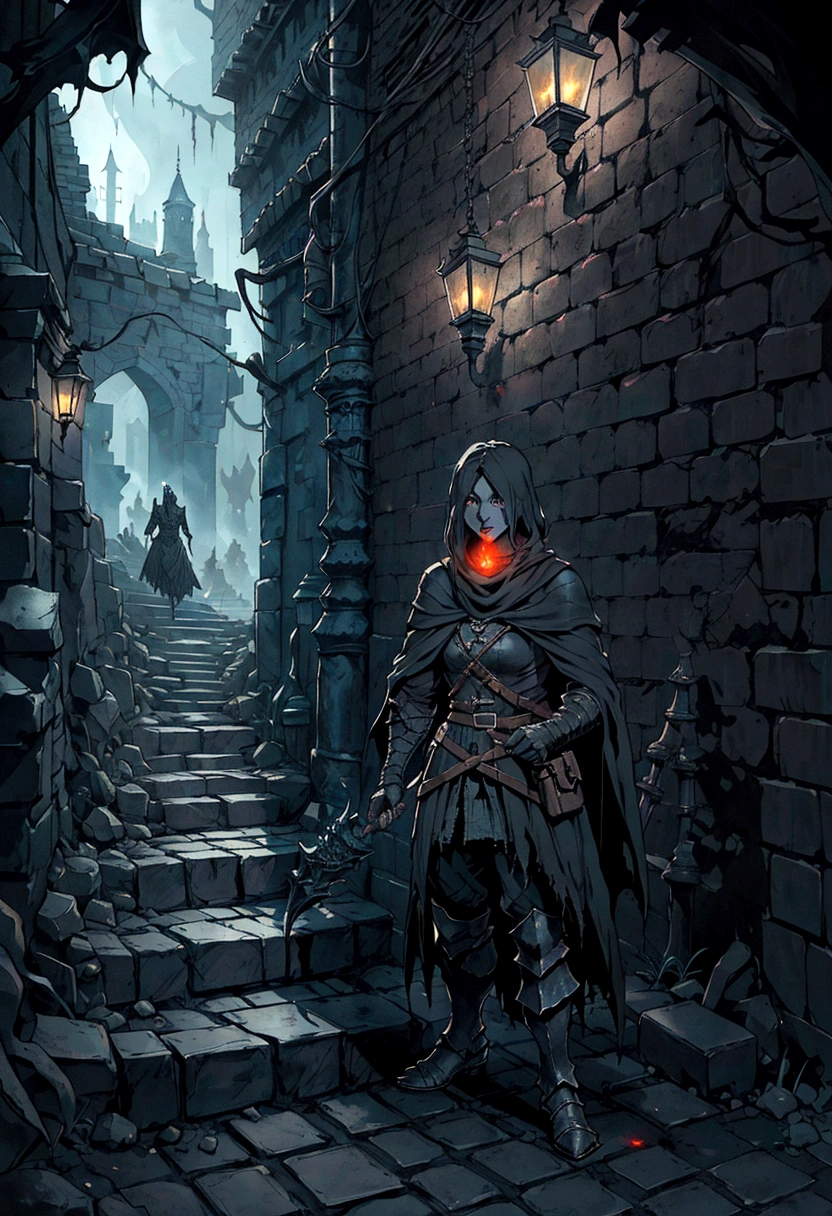 arafed stone steps leading up to a dark alley with a lantern lit building, photorealistic dark concept art, dark fantasy environment, highly realistic concept art, dramatic lighting. concept art, dark souls concept art, dark fantasy setting, medieval concept art, dark fantasy concept art, dark cinematic concept art, bloodborne concept art, dark abandoned city streets, dark alleyway