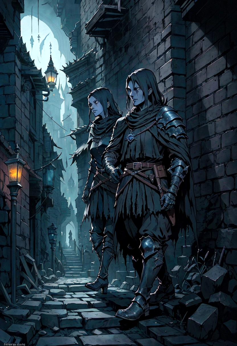 arafed stone steps leading up to a dark alley with a lantern lit building, photorealistic dark concept art, dark fantasy environment, highly realistic concept art, dramatic lighting. concept art, dark souls concept art, dark fantasy setting, medieval concept art, dark fantasy concept art, dark cinematic concept art, bloodborne concept art, dark abandoned city streets, dark alleyway