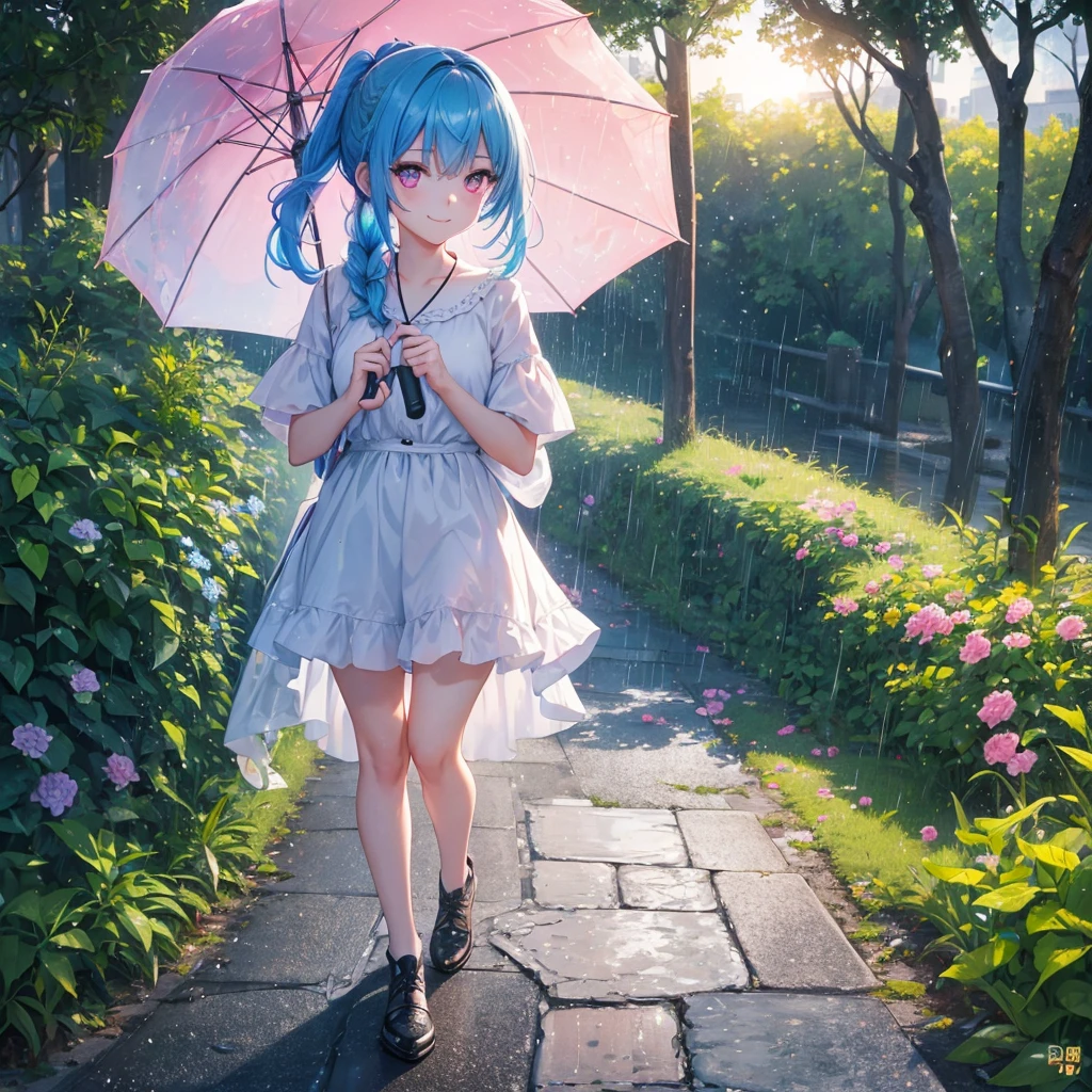 sky Blue hair, (braided ponytail),(pink eyes),fair skin ,(full body),(1 girl),smile,Straight Bangs,(masterpiece, best quality, ultra-detailed, best shadow), (detailed background), (beautiful detailed face), high contrast, (best illumination, an extremely delicate and beautiful), ((cinematic light)), colorful, hyper detail, dramatic light, intricate details,Walking in the rain with an umbrella,noon,colorful umbrella,bright, Raindrops, sun shower,