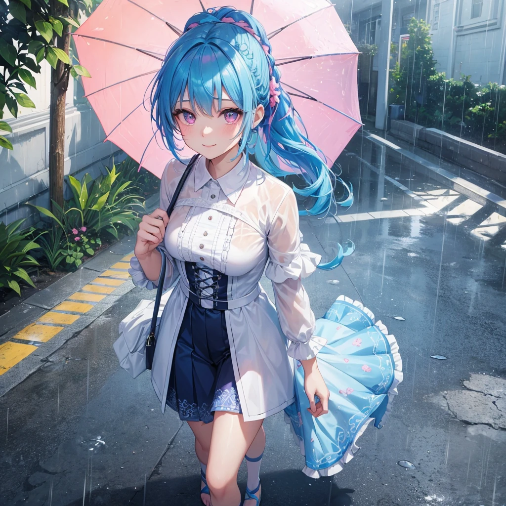 sky Blue hair, (braided ponytail),(pink eyes),fair skin ,(full body),(1 girl),smile,Straight Bangs,(masterpiece, best quality, ultra-detailed, best shadow), (detailed background), (beautiful detailed face), high contrast, (best illumination, an extremely delicate and beautiful), ((cinematic light)), colorful, hyper detail, dramatic light, intricate details,Walking in the rain with an umbrella,noon,colorful umbrella,bright, Raindrops, sun shower,