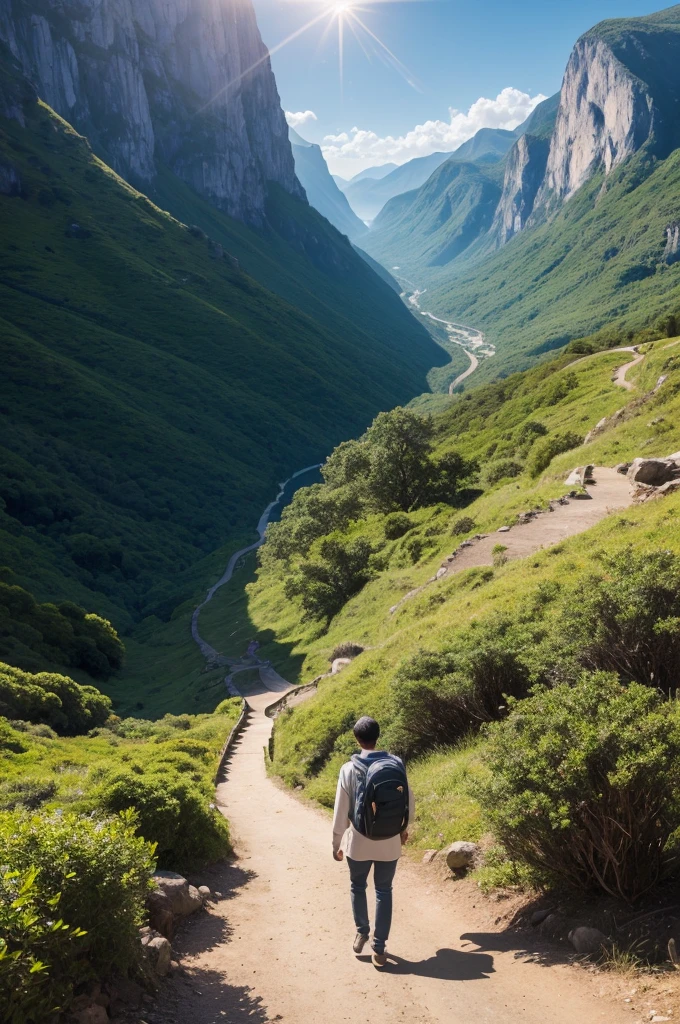 "Describe a scene in which a person is standing, gazing at the horizon, with a determined and confident expression. Ao fundo, we see a winding path that leads to an imposing mountain. The person is dressed in comfortable clothes and carries a backpack, symbolizing the journey of self-development. Sunlight shines on the scene, representing the enlightenment and clarity that accompanies personal growth."