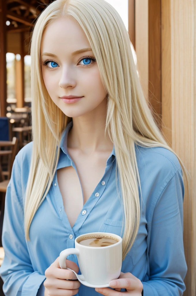 Anime female, pale skin, sky blue eyes, long light blonde hair, sipping coffee