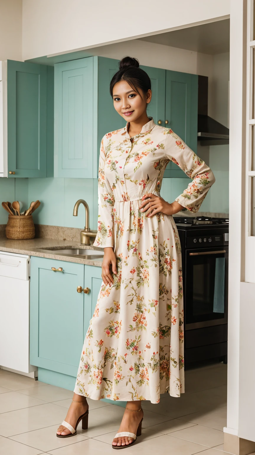 full body, Realistic, wide shot, Photography, Indonesian women, Housewife, 22 years, high bun hair, slim body, fair skin, cute face, Long sleeve floral maxi dress, and sandals, standing in the kitchen, facing the camera, stand up straight, graceful pose, sweet expression, detailed face, detailed background, bright light, sunlight