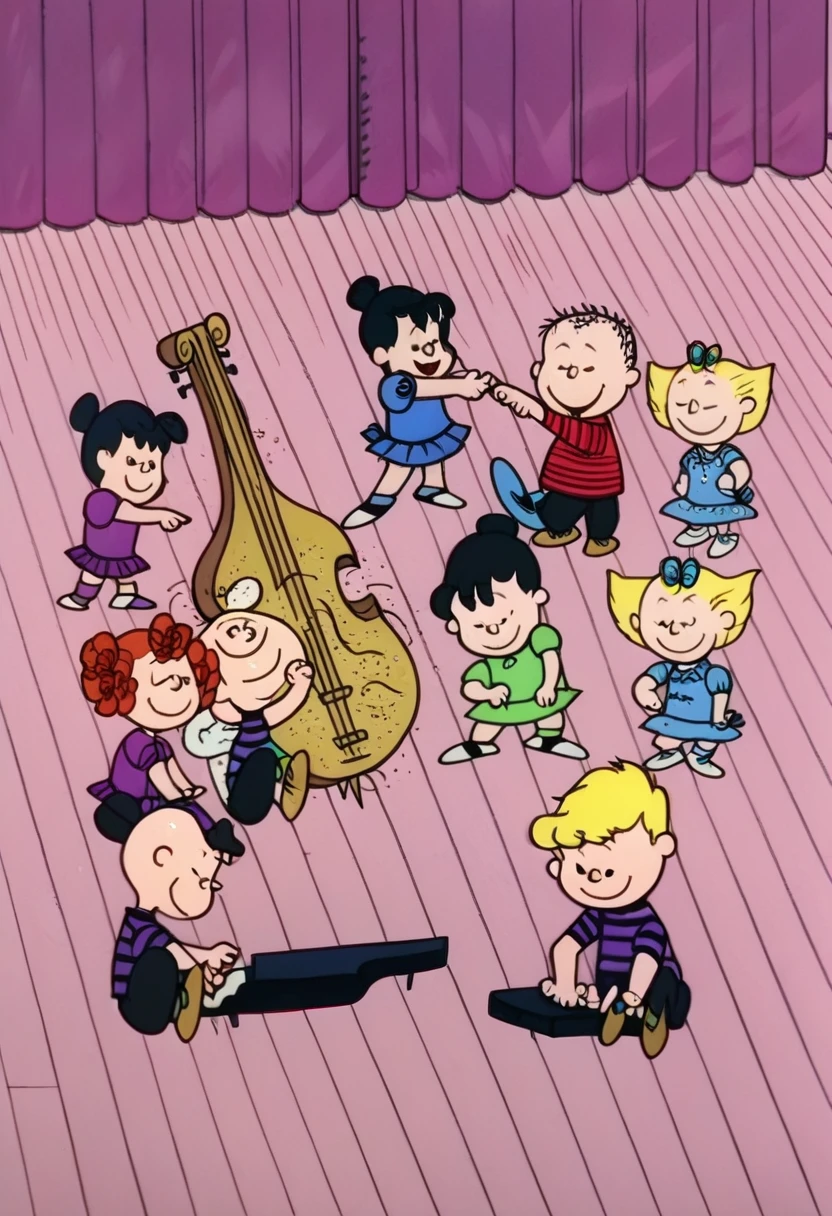 score_9, score_8_up, score_7_up, zPDXL,PeanutsStyle, traditional media, retro artstyle, 2D, round heads, playing instrument, multiple boys, multiple girls, black hair, 6+boys, guitar, single hair bun, piano, dress, smile