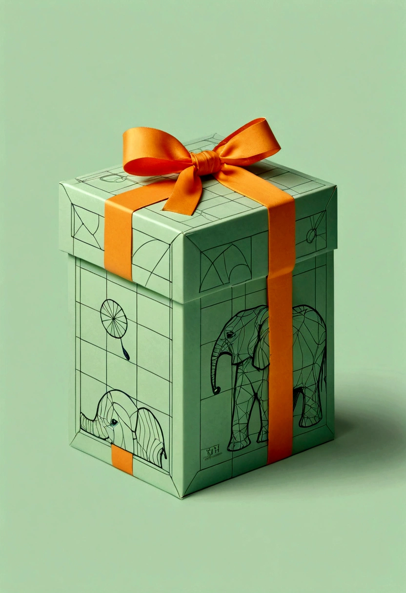 Beautifully designed flat rectangular gift box with handle in the style of English checkered, geometric lines, minimalist, modern, high end, cute, color blocking, floral motifs, adorable elephant logo, orange and light green, illustration, cartoon, geometric style, beautifully detailed, flat color vector design style.