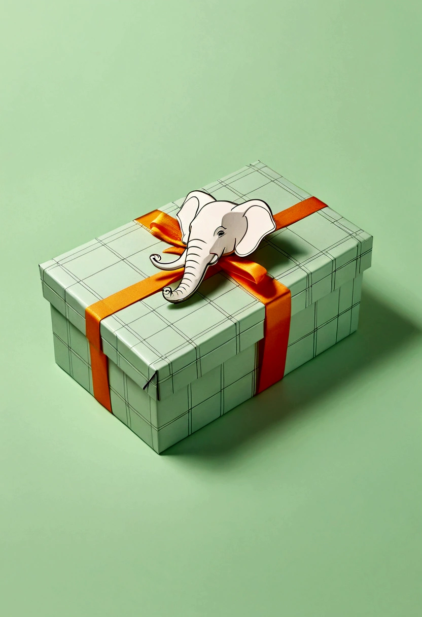Beautifully designed flat rectangular gift box with handle in the style of English checkered, geometric lines, minimalist, modern, high end, cute, color blocking, floral motifs, adorable elephant logo, orange and light green, illustration, cartoon, geometric style, beautifully detailed, flat color vector design style.