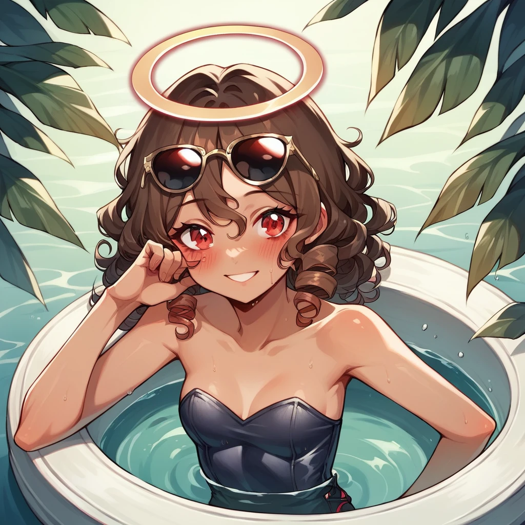 score_9, score_8_up, brown-skinned, strapless bathing suit, slim jeans, high-top sneakers, small breasts, two-tone hair (brown hair, black tip)), curly hair, halo, sunglasses, jewelry, red eyes, longeyelashes, red eyes, smile, shy, blush, pose, close up