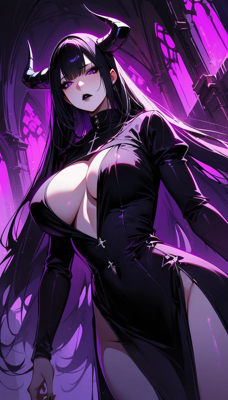 (high quality, 8k, 4K, high contrast, artwork:1.2, high quality, best aesthetics), (dynamic angle), ((1 woman)), erotic, sensual, mature body, super detailed, beautiful face detailed, beautiful eyes detailed, detailed beautiful mouth, sexy body, perfect breats, perfect wide thighs, pale skin, dark purple hair, dark purple long hair, dark purple straight hair, dark purple eyes, long eyelashes, penetrating look, serious, gothic makeup, black lipstick, black eyeshadow, black eyeliner, nun, black nun clothes, dark purple demon horns, church, purple lighting, centered, standing upright.