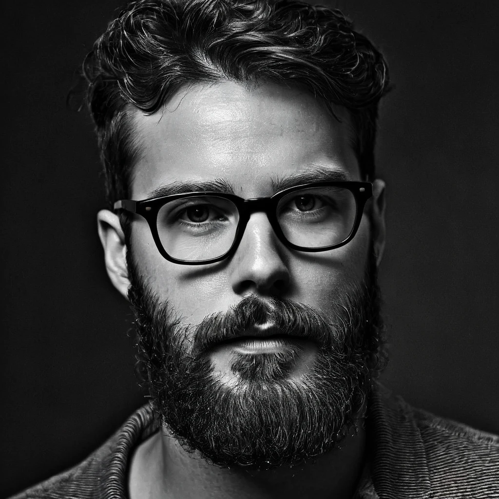 Professional raw 3x4 portrait of a bearded man with glasses, dramatic lighting, black background, sharp focus, high contrast, cinematic quality, moody atmosphere, chiaroscuro technique, piercing gaze, salt and pepper beard, rimless rectangular glasses, furrowed brow, intense expression, shadowy contours, highlight on cheekbones, studio lighting setup, catch light in eyes, textured skin details, professional headshot, 85mm lens, shallow depth of field, RAW image format, high-resolution, award-winning photography style, inspired by Peter Lindbergh, dramatic shadows across face, strong jawline accentuated by lighting, gutto2024abr 