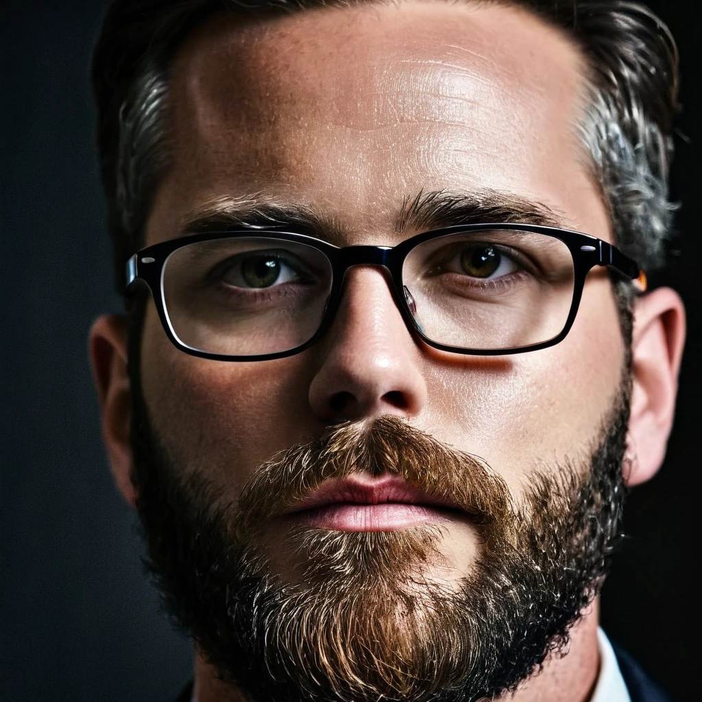 Professional raw 3x4 portrait of a bearded man with glasses, dramatic lighting, black background, sharp focus, high contrast, cinematic quality, moody atmosphere, chiaroscuro technique, piercing gaze, salt and pepper beard, rimless rectangular glasses, furrowed brow, intense expression, shadowy contours, highlight on cheekbones, studio lighting setup, catch light in eyes, textured skin details, professional headshot, 85mm lens, shallow depth of field, RAW image format, high-resolution, award-winning photography style, inspired by Peter Lindbergh, dramatic shadows across face, strong jawline accentuated by lighting, gutto2024abr 