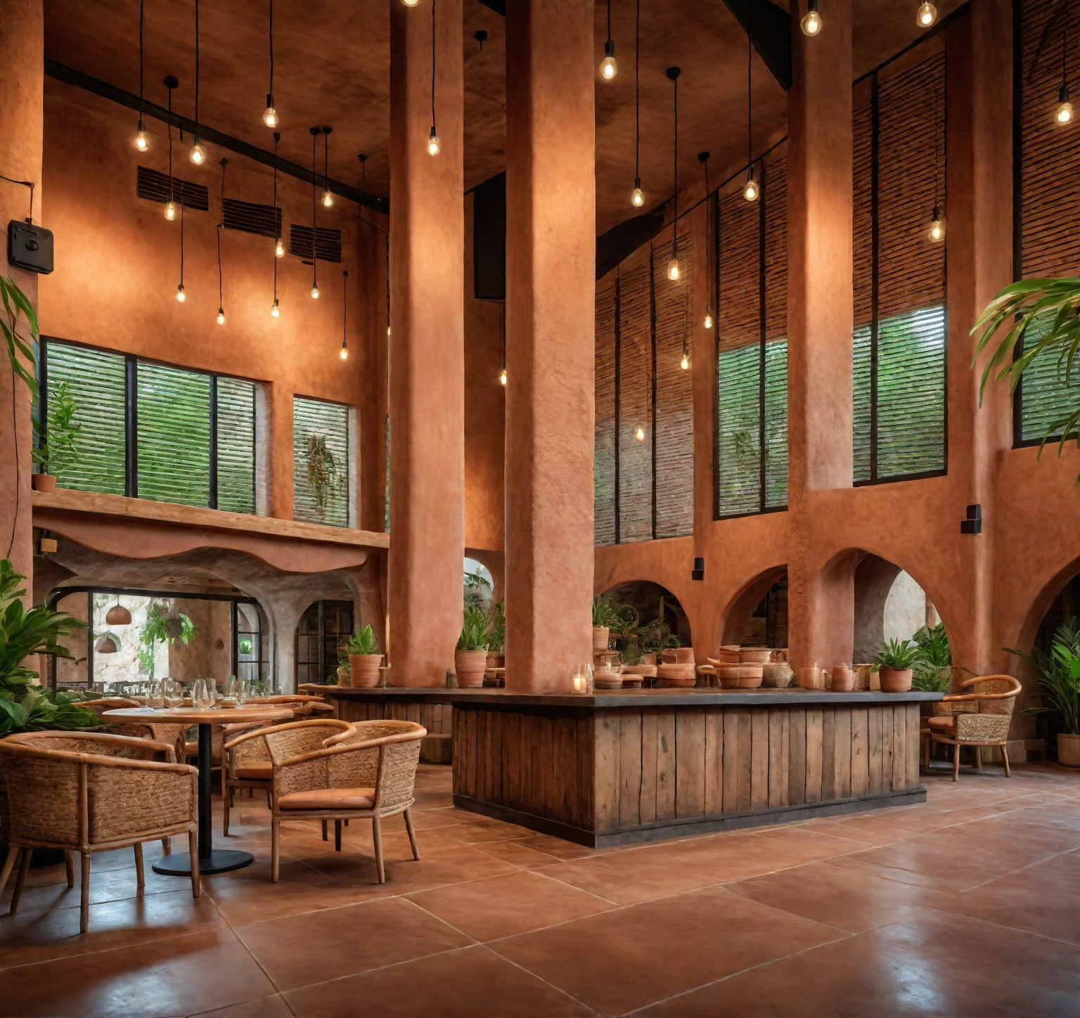 Restaurant interior, clay walls, natural clay columns, rustic wooden tables, rustic chairs, handcrafted look, natural textures, soft lighting, clay pendant lights, potted plants, greenery, cozy, welcoming, masterpiece, (realistic:1.2) 8k uhd, dslr, soft lighting, high quality