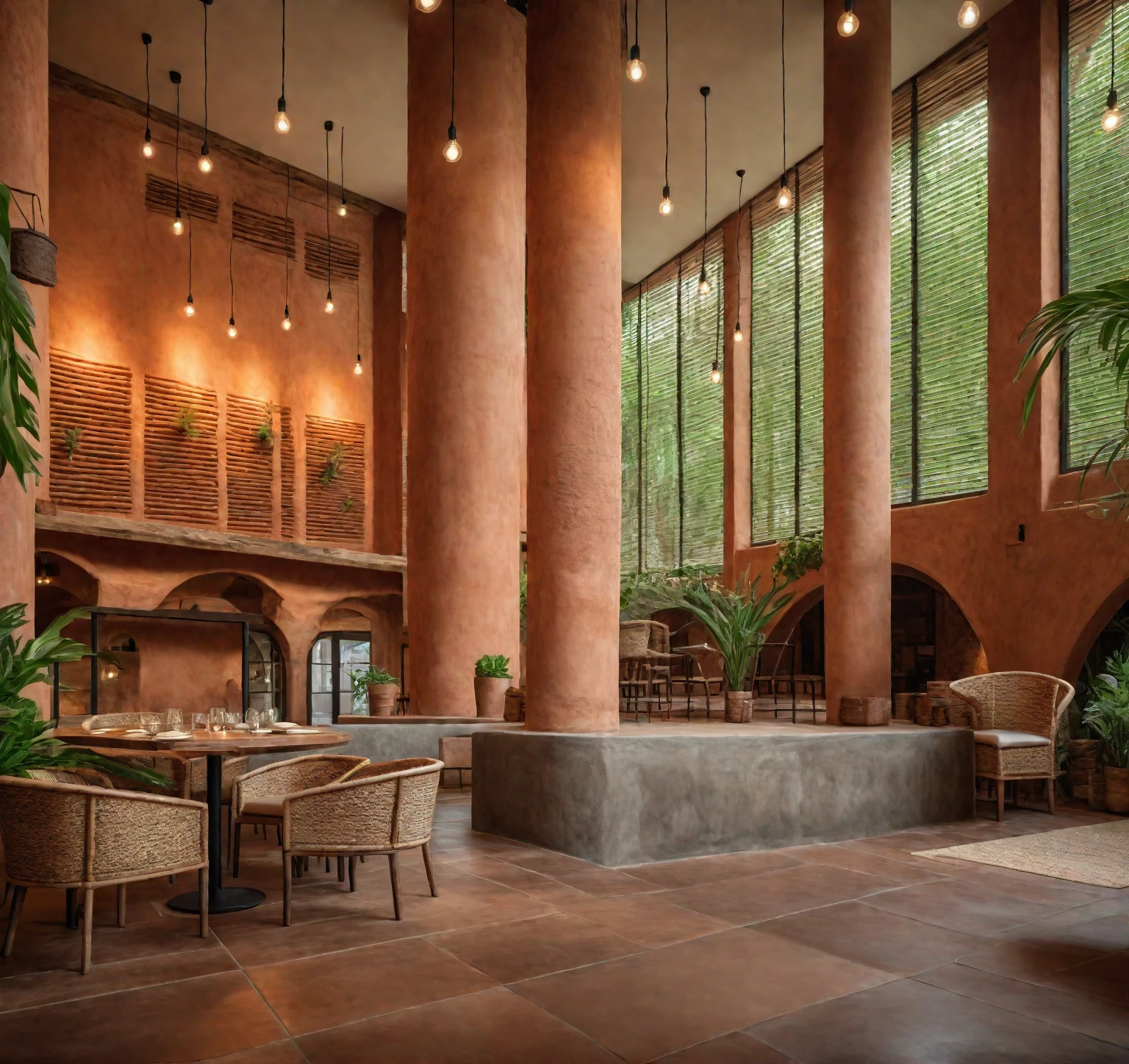Restaurant interior, clay walls, natural clay columns, rustic wooden tables, rustic chairs, handcrafted look, natural textures, soft lighting, clay pendant lights, potted plants, greenery, cozy, welcoming, masterpiece, (realistic:1.2) 8k uhd, dslr, soft lighting, high quality