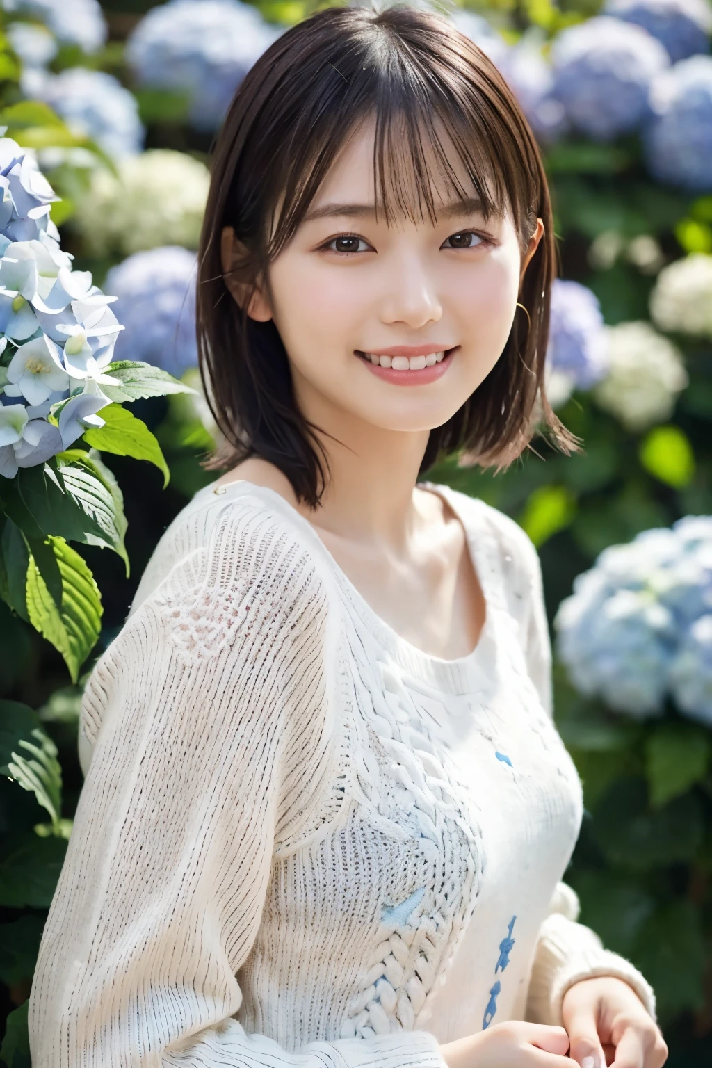 1 Girl, (Wearing a white summer sweater:1.2), Very beautiful Japanese idol portraits, 
(RAW Photos, Highest quality), (Realistic, Realistic:1.4), (masterpiece), 
Very delicate and beautiful, Very detailed, 2k wallpaper, wonderful, finely, Very detailed CG Unity 8K 壁紙, Very detailed, High resolution, Soft Light, 
Beautiful detailed girl, Very detailed目と顔, Beautiful and sophisticated nose, finelyて美しい目, Cinema Lighting, 
(Photo shoot for a fashion magazine:1.3), (Outdoor), (Cloudy), (A girl admiring hydrangea flowers),
(short hair), 
Complete Anatomy, Slender body, Small breasts, smile