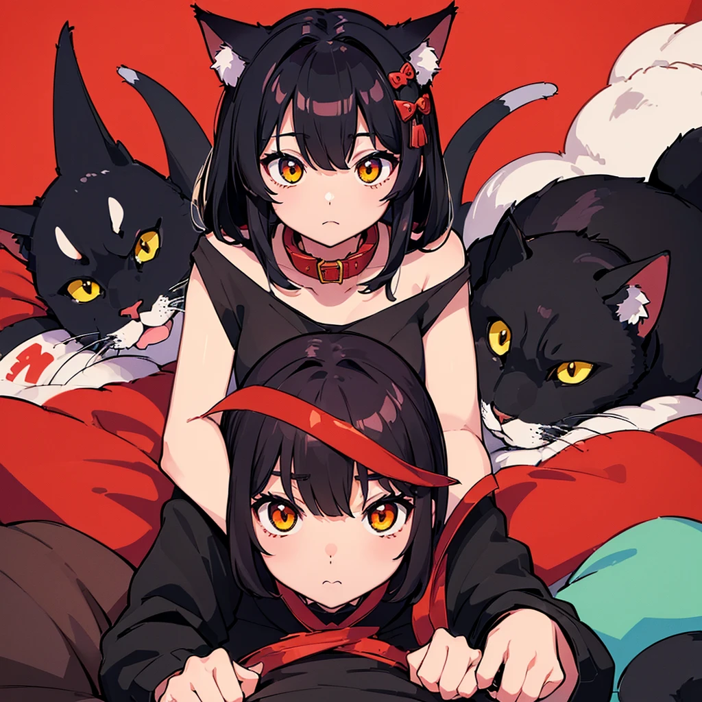 (((Catのちびキャラ、a lot、multiple)))、(黒いCat、Red collar、Cat)、high quality, 8K、Best illustrations、high quality, 8K