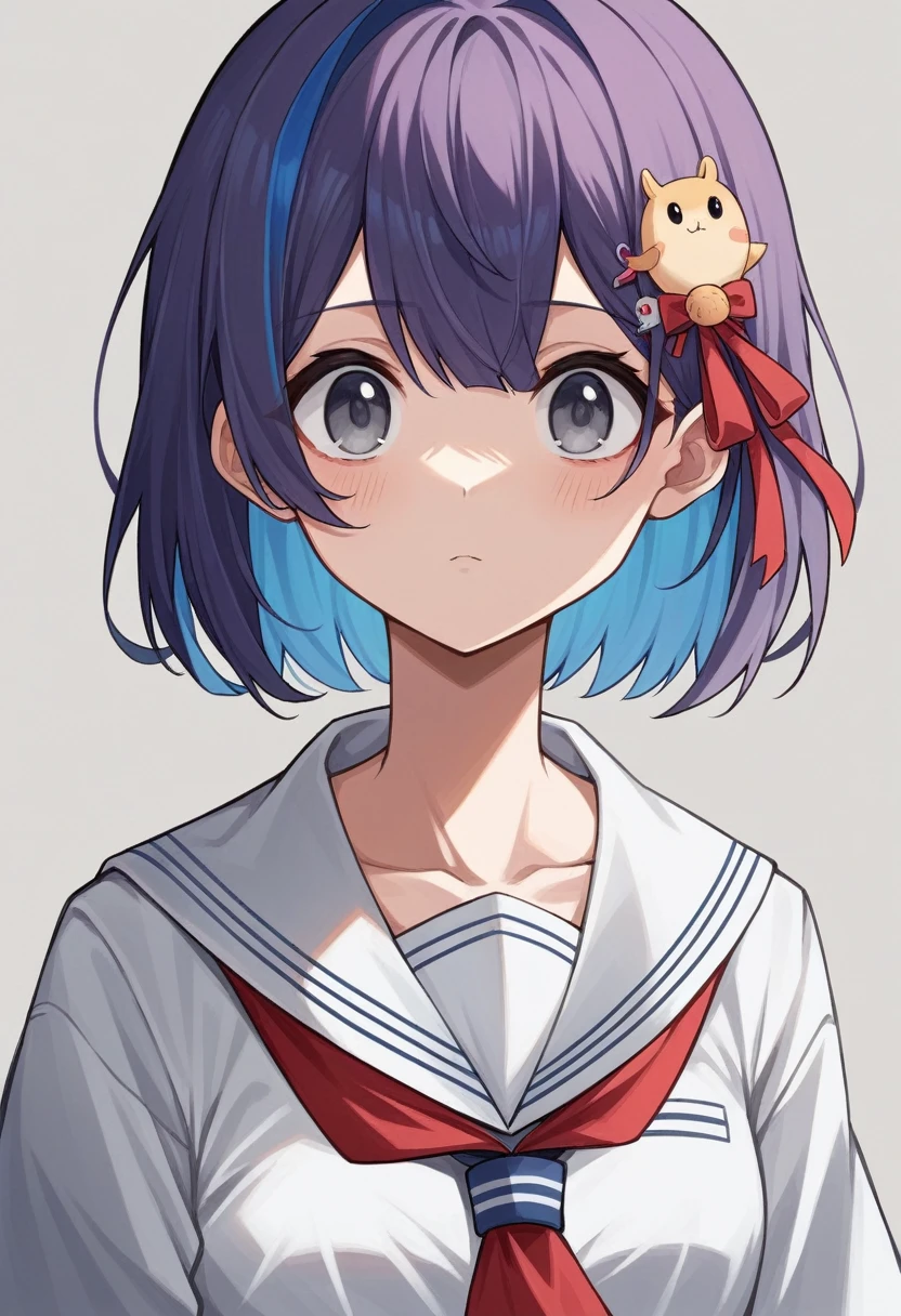 masterpiece, Highest quality, High resolution, Anime Style, Short Bob, Dark purple hair, Blue Highlights, Bangs are straight and not bouncy, Gray Eyes, Blue and white outfit, Red ribbon accent at neck, A large blue trefoil hair ornament on the left side of the head」Nei point,Nei point(Nijisanji),Sailor suit,Tabasco accessory on chest,Large eyes,Medium chest,cute