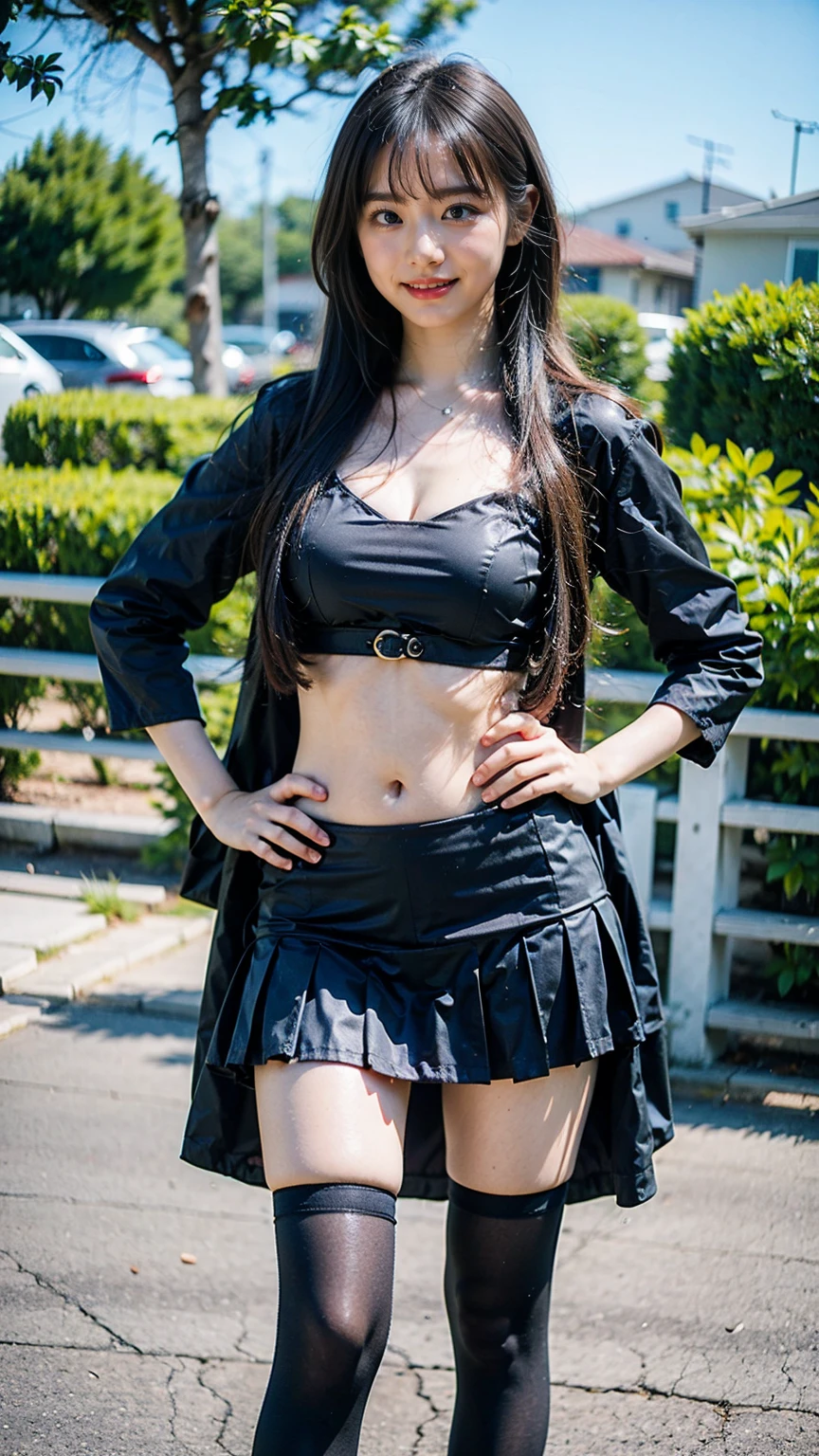 (8K、RAW Photos、Highest quality、masterpiece:1.2)、(Realistic、Realistic)、1 Girl、((Black Mini Skirt、one piece、Frills、smile、Medium Hair、See-through、tights、boots、chest emphasis、whole body、garden、View from the front、Looking into the camera、Stand with your hands on your hips))、