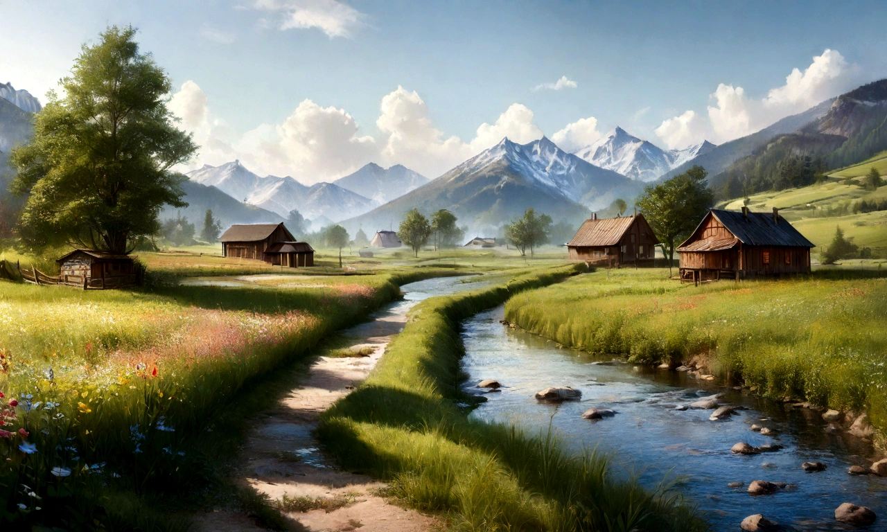 (Highest quality,4K,8K,High resolution,masterpiece:1.2),Super detailed,(Realistic,photoRealistic,photo-Realistic:1.37),Rural landscape,peaceful,Calm,Vibrant colors,Natural light,Gentle hills,Flowing River,tall green tree々,Lush steppe,Clear blue sky,Breeze,Country Road,Blooming wildflowers,Quiet atmosphere,Quiet Solitude,Harmony with Nature,fresh air,Rustic charm,Sunlit field,Farmland,Wooden fence,peaceful village,Distant Mountain々,artistically captured landscape,beautiful and idyllic scenery,Picturesque landscapes,Zoom in on the beauty of nature,Enchanting countryside,Serenity in simplicity,enchanting countryside,Immersive and awe-inspiring views,Soothed by the tranquility of the scenery
