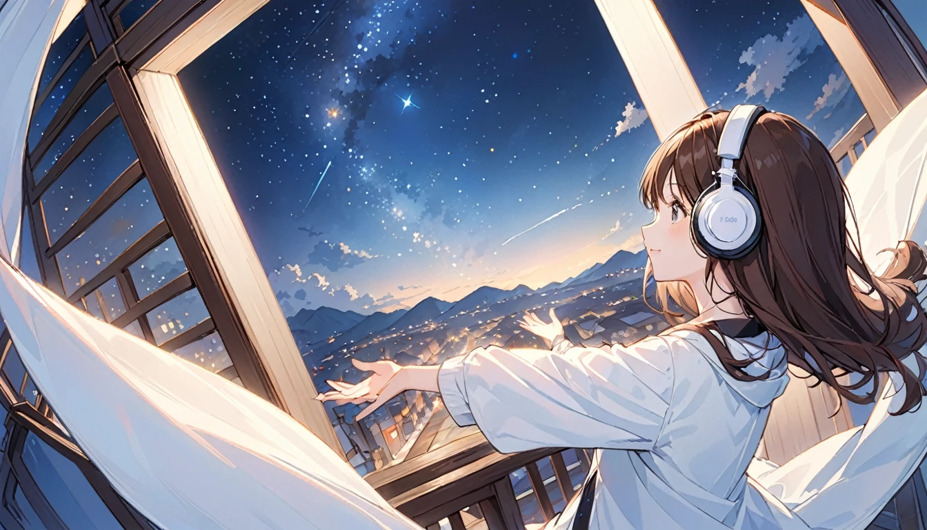 Girl wearing headphones,Reaching out towards the starry sky,Top view,Brown Hair,One girl,relax,The background is night,