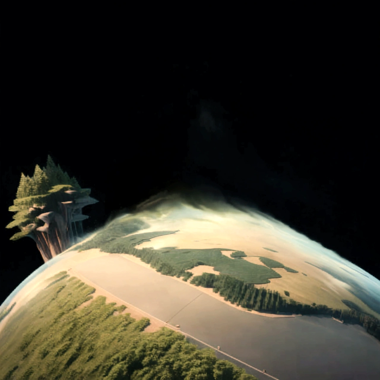 arafed view of a small island with a road running through it, planet landscape, background environment. 8 k, little planet, global illumination. vfx, ultra wide angle isometric view, detailed photo of virtual world, 3 6 0 projection, highly detailed surreal vfx, volumetric light from above, cool 3d visualisation, the planet, wide establishing shot, fantasy art