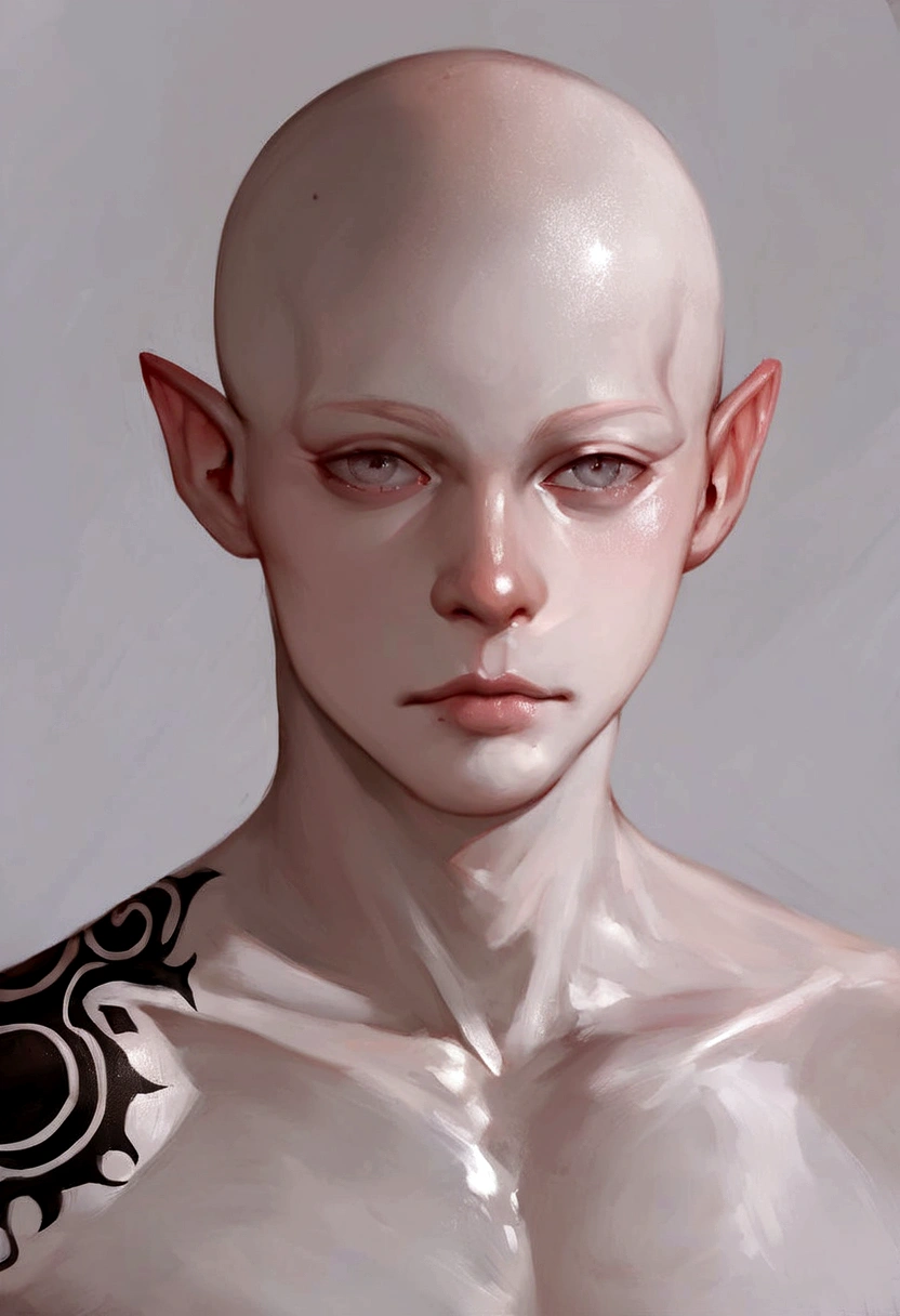 score_9, score_8_up, score_7_up, Portrait of a young male albino elf, with bald head and black tattoos and eye, oil painting, close to face, portrait, teenager, albino, white skin