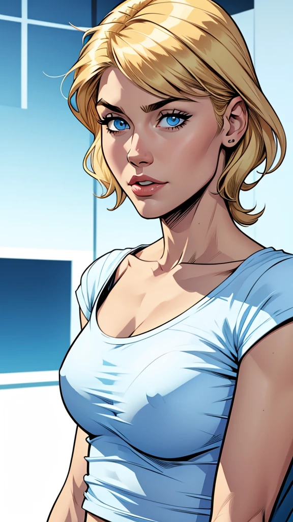woman thin, blue pans short. White t-shirt. blondy hair, blue eyes, Blue low-cut t-shirt. Comic style.