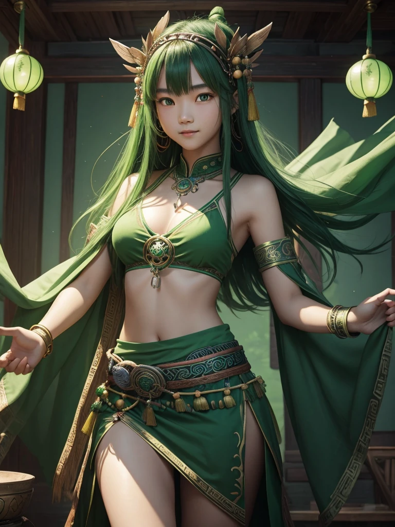 1 teenage girl. Beautiful chinese teenage girl. 14 years old. Beautiful chinese tribe girl. Powerful shaman. Green shaman tribe head. Green sexy shaman transparent dress no pants. No bra. No underwear. Exposing her breast. Green shaman cloak. Flat chest. Carrying Green orbz. Green emerald large necklace. Green shaman room. Beautiful face. Standing pose. Green shamanic logo around the room. Smile.