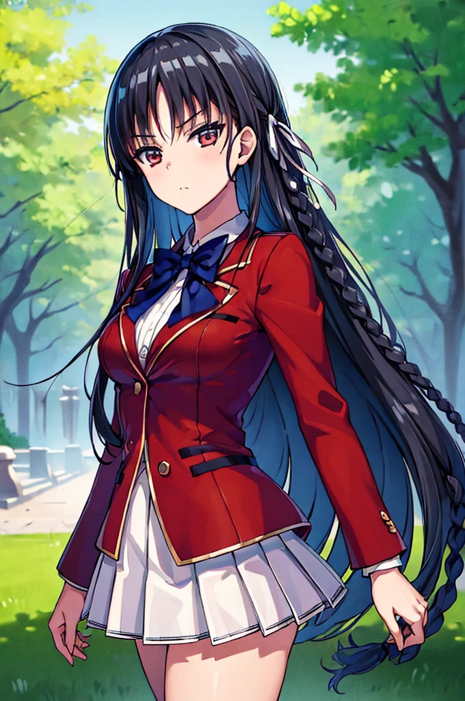 (masterpiece, best quality:1.4), (ultra detailed:1.5), perfect anatomy, 8k portrait, 
1girl,
Suzune Horikita, 
Suzune Horikita \(youjitsu\),
long hair, braid, 
black hair, 
red eyes, slant eyes, small eyes, 
blue bow, 
medium breasts, 
red jacket, long sleeves, white skirt, pleated skirt, black thigh-high socks, 
looking at viewer, 
cowboy shot, 
perfect light, 