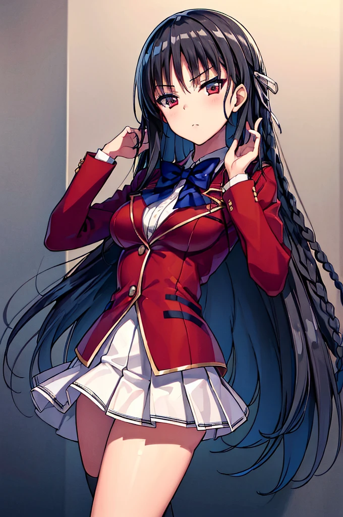 (masterpiece, best quality:1.4), (ultra detailed:1.5), perfect anatomy, 8k portrait, 
1girl,
Suzune Horikita, 
Suzune Horikita \(youjitsu\),
long hair, braid, 
black hair, 
red eyes, slant eyes, small eyes, 
blue bow, 
medium breasts, 
red jacket, long sleeves, white skirt, pleated skirt, black thigh-high socks, 
looking at viewer, 
cowboy shot, 
perfect light, 