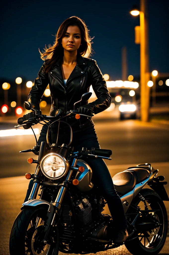 Woman on motorcycle at night
